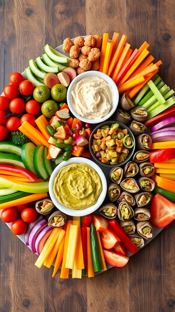 A colorful vegan party platter with fresh vegetables, dips, and snacks on a rustic table.